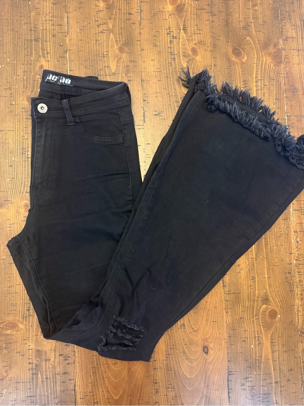 JC&JQ Black Bellbottom Flare Jeans Distressed Raw Hem Stretchy Sz S
